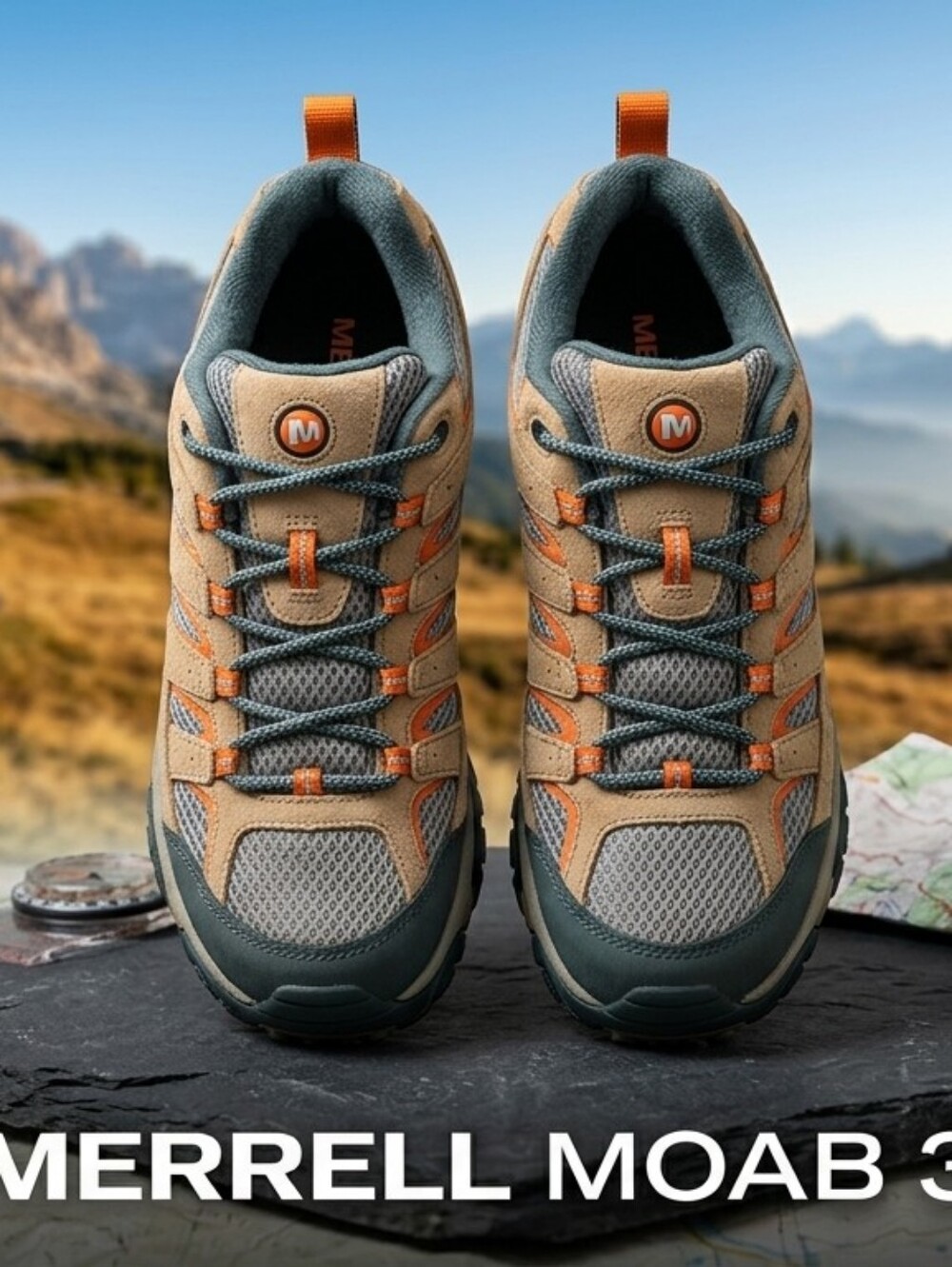 Merrell Brown and Gray Mesh Hiking Sneakers with Orange Accents